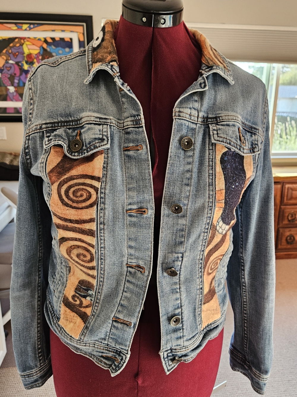 Merona Upcycled Denim Jacket with Gustav Klimt Patterned Panels Size M